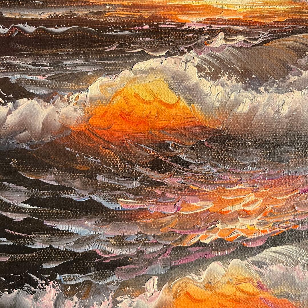 手書き油絵 荒海 額付き 絵画 インテリア 油彩画