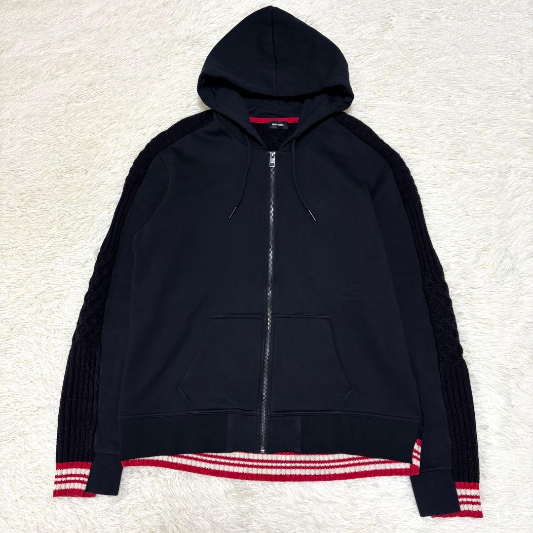 DIESEL ディーゼル ニット切り替えジャケット パーカー 黒 ロゴ 2XL