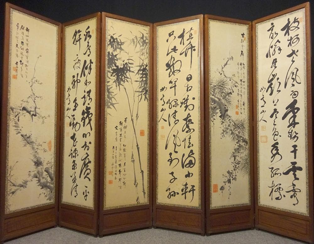 【畫】　★ 書画 松竹梅図六曲衝立 ★　明治期　白山居士絵 肉筆真作　紙本水墨