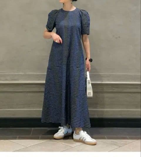 現行品　ギンガムチェック 半袖ロングワンピース M (38)