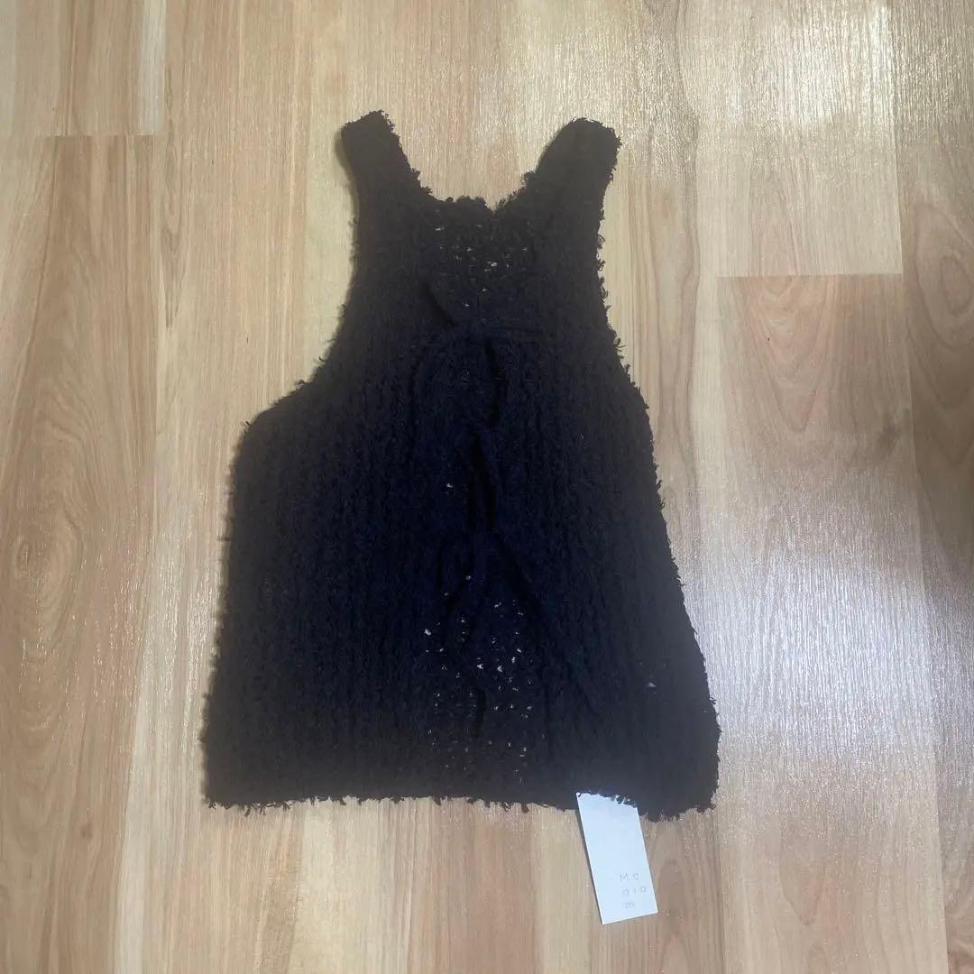 トップス Mediam Frayed Yarn Open Front Tank Black