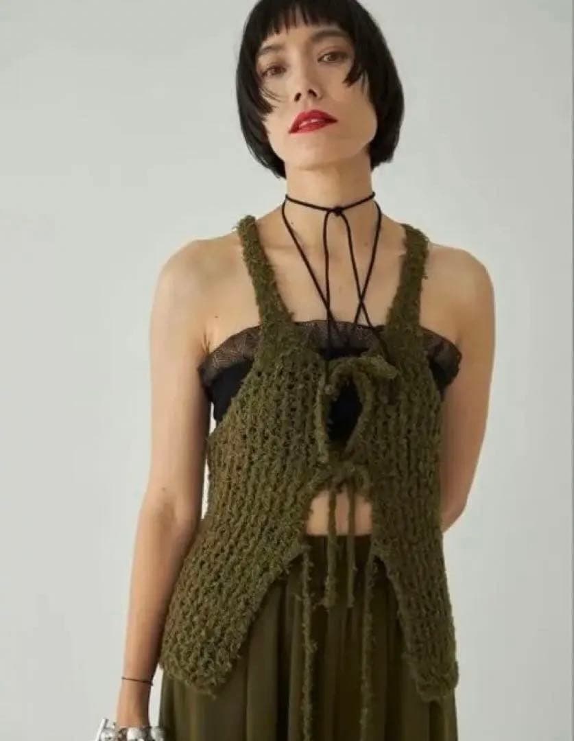 トップス Mediam Frayed Yarn Open Front Tank Black