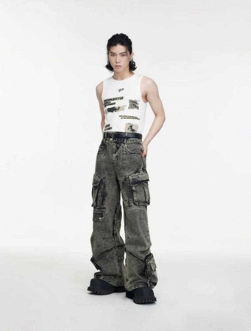 【PEOPLESTYLE】WASHED GREY WIDE LEG JEANS