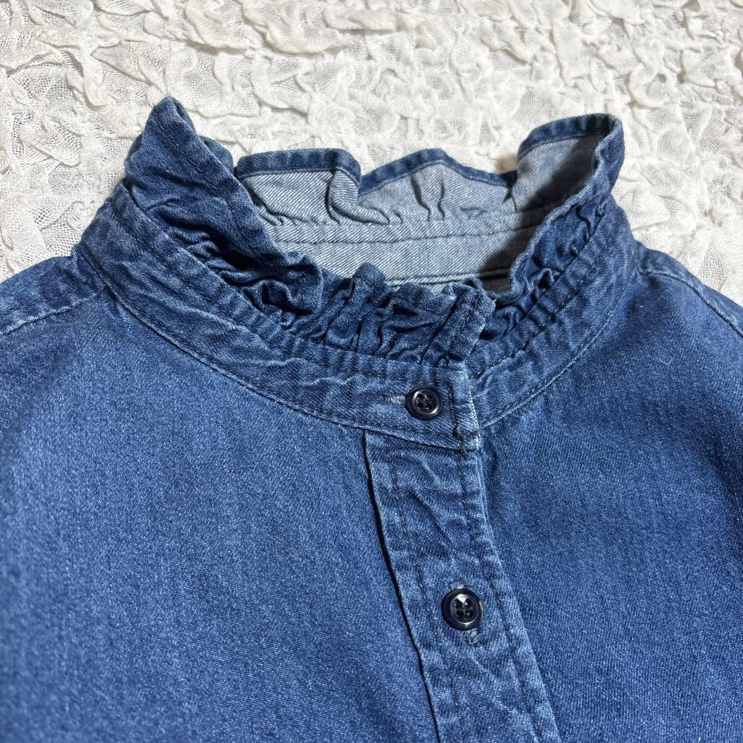 美品 relume デニム フリル ブラウス　スタンドカラー　シャツ　洗える　F