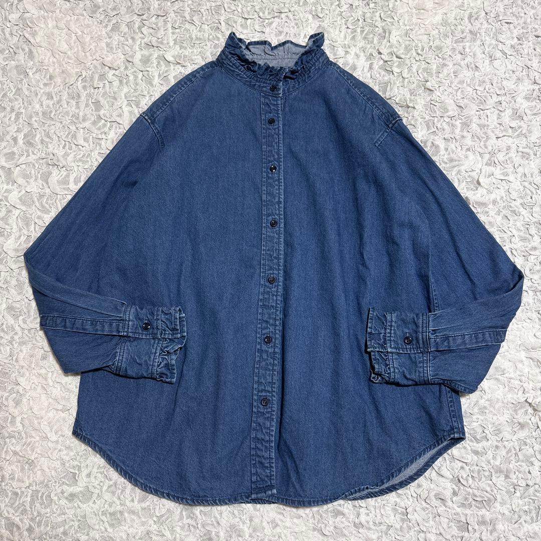 美品 relume デニム フリル ブラウス　スタンドカラー　シャツ　洗える　F