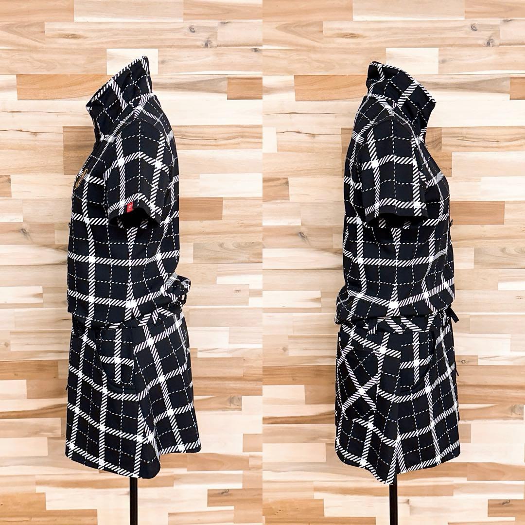 【フィラゴルフ】ゴルフ チェック柄 半袖 ポロシャツ ワンピース M 黒×白