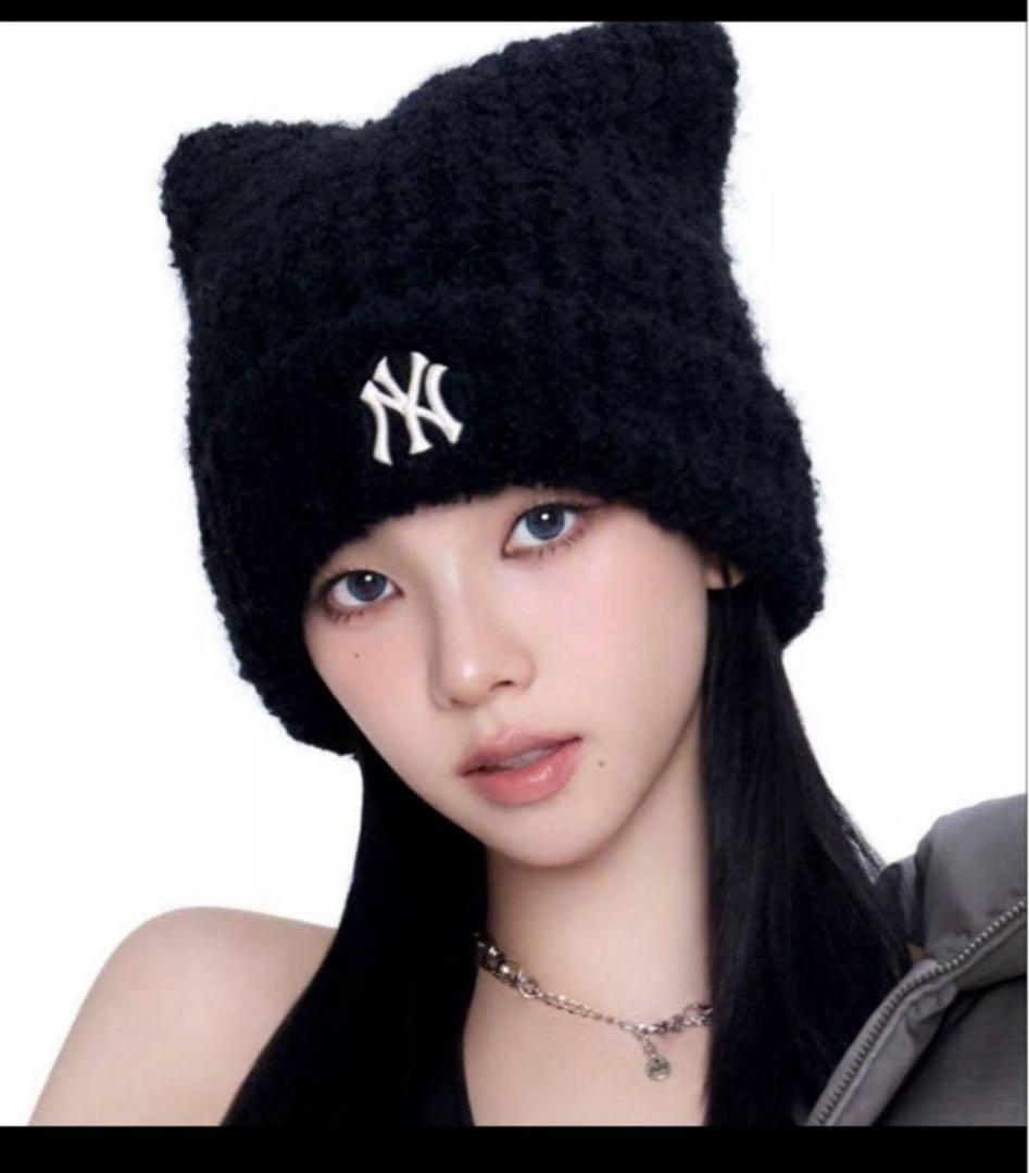 MLB ビーニー 紐付き ブラック 猫耳 ニット帽 韓国 karina