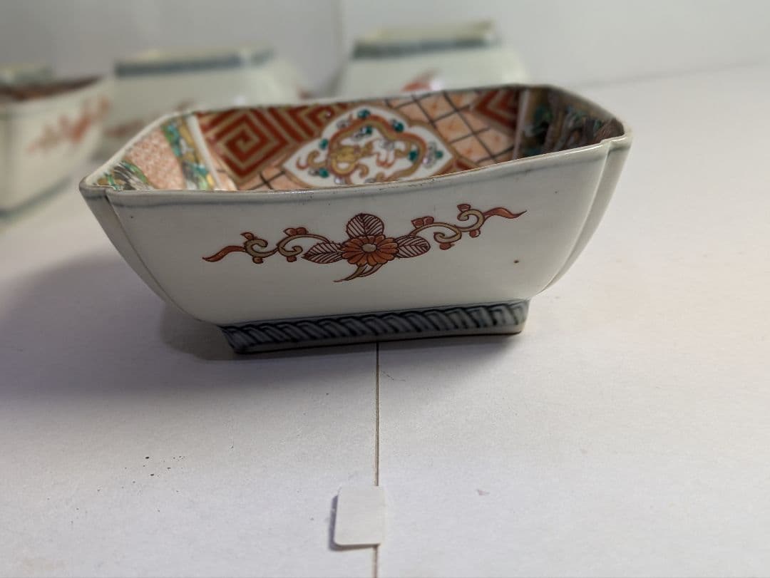 古伊万里、有田焼、富右衛門作、『色絵二方窓絵龍鶴文見込染付金彩山水文角皿』、5客
