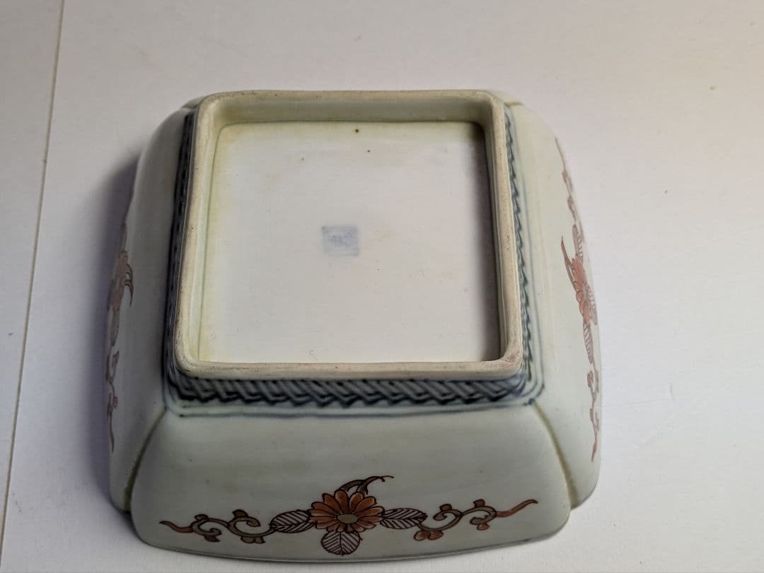 古伊万里、有田焼、富右衛門作、『色絵二方窓絵龍鶴文見込染付金彩山水文角皿』、5客