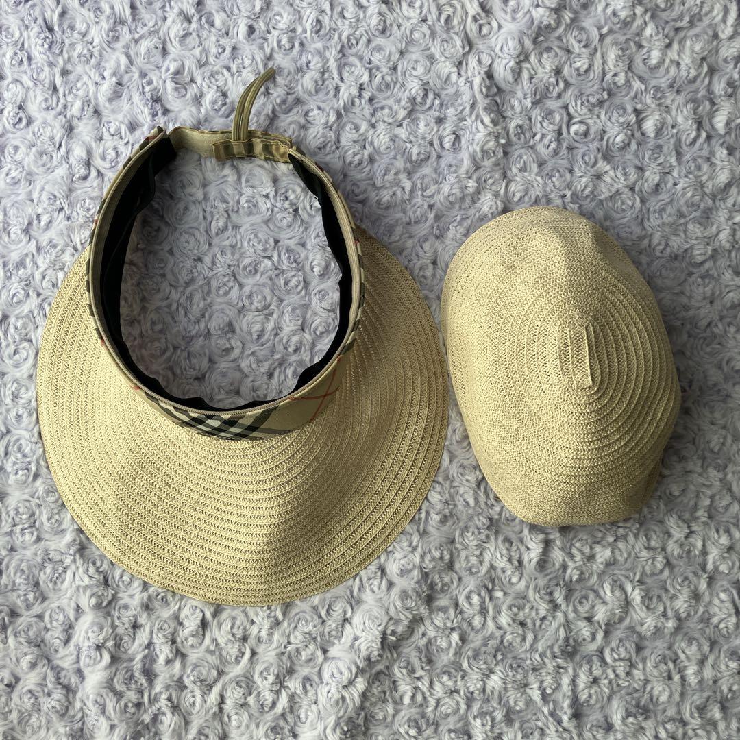 バーバリー ゴルフ 2way サンバイザー ノバチェック ベージュ　麦わら帽子