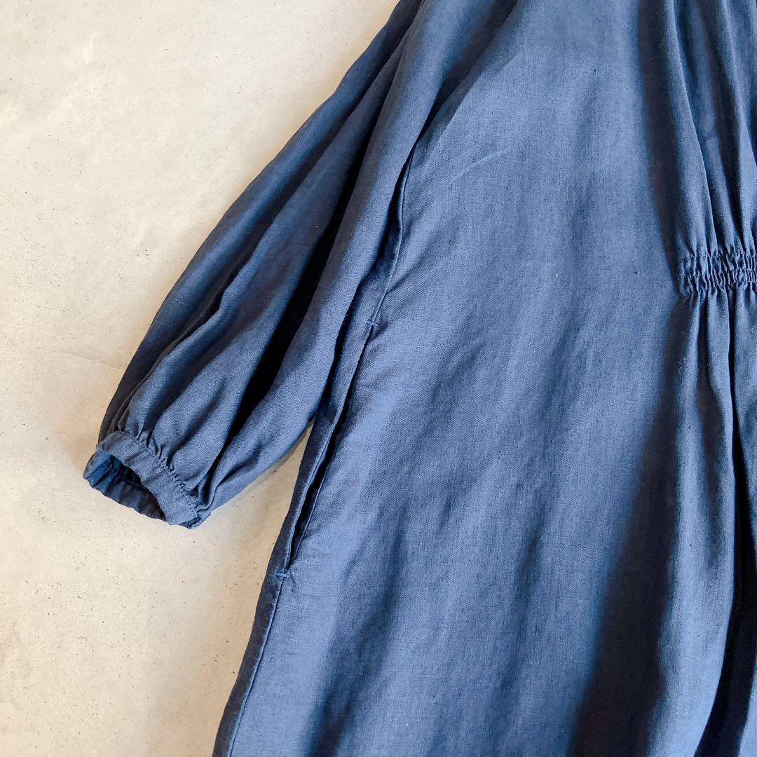 美品✦ฺnest robe リネンワンピース　ネイビー　ギャザー