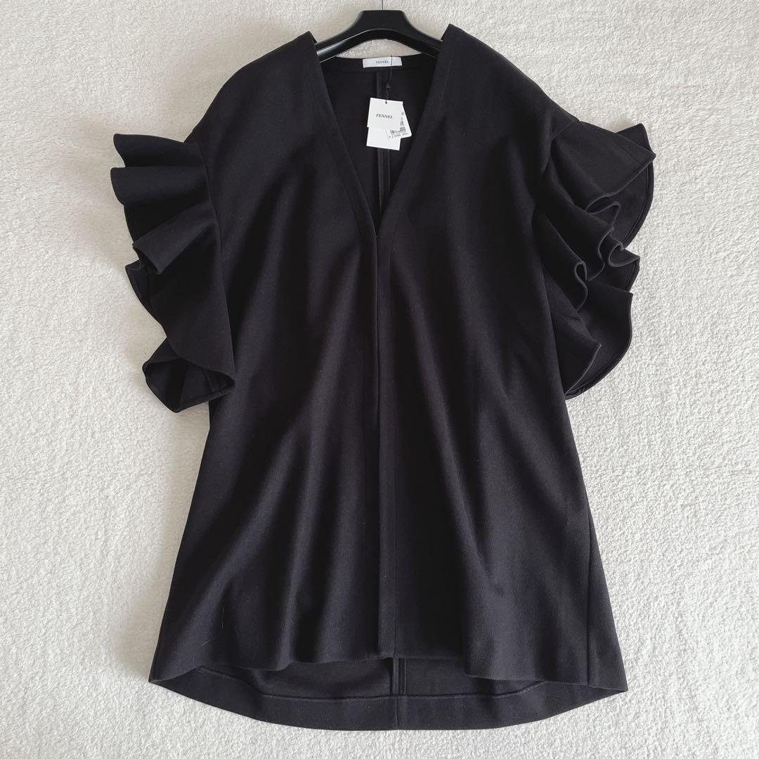 【新品】FENNEL フリルスリーブノーカラーミディコート 羽織り ジレ 黒