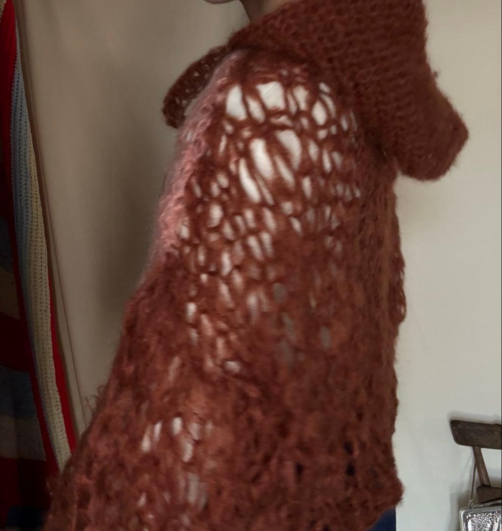 ハンドメイド　mohair ボンネット　ニット帽子　バラクラバ　フード　赤茶色