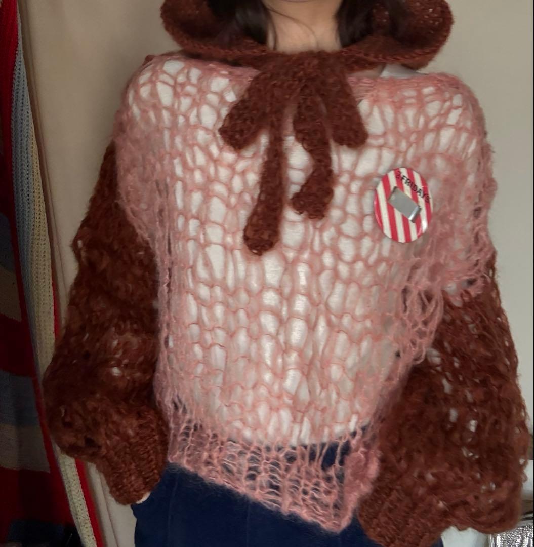 ハンドメイド　mohair ボンネット　ニット帽子　バラクラバ　フード　赤茶色