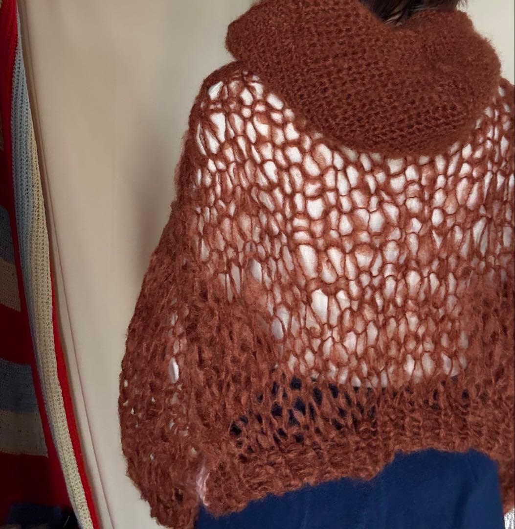 ハンドメイド　mohair ボンネット　ニット帽子　バラクラバ　フード　赤茶色
