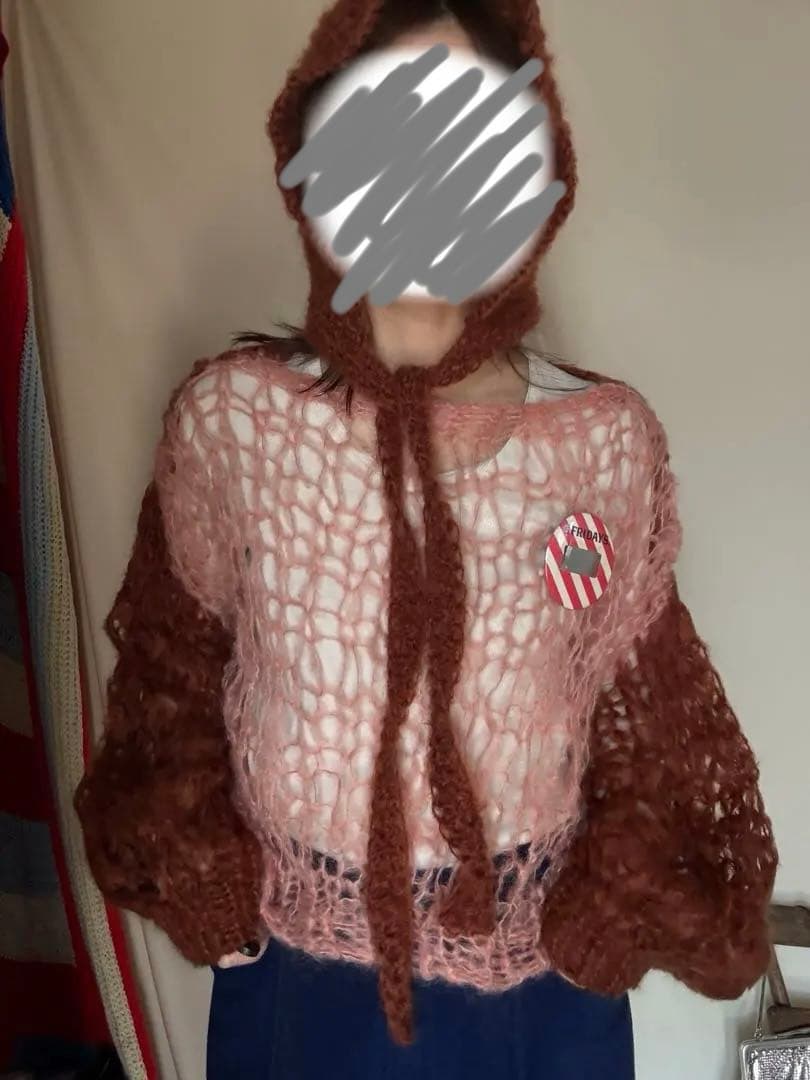 ハンドメイド　mohair ボンネット　ニット帽子　バラクラバ　フード　赤茶色