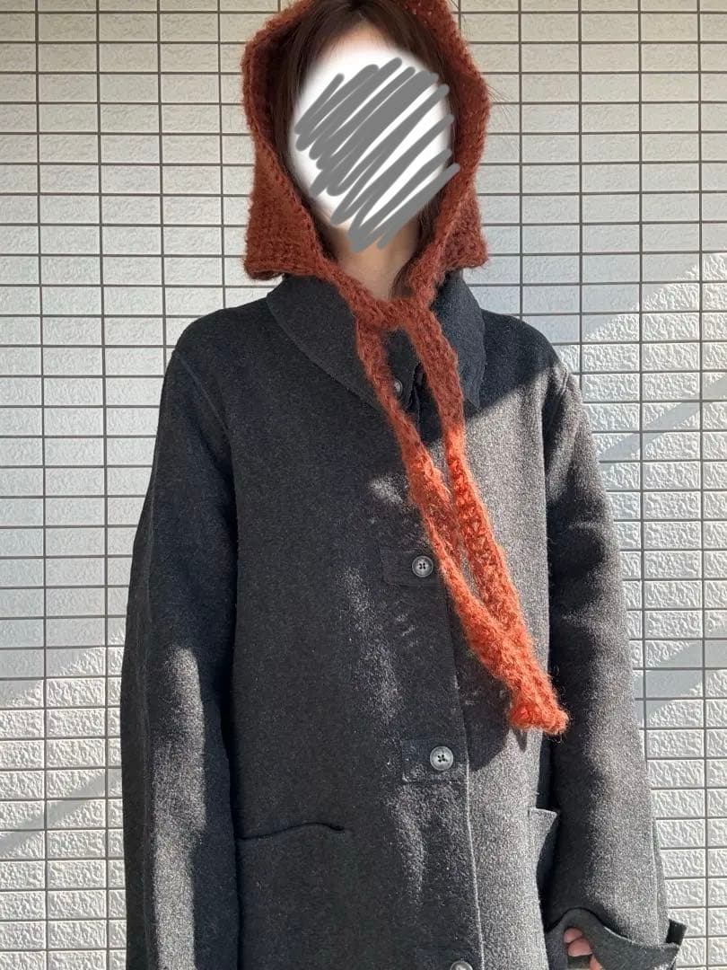 ハンドメイド　mohair ボンネット　ニット帽子　バラクラバ　フード　赤茶色
