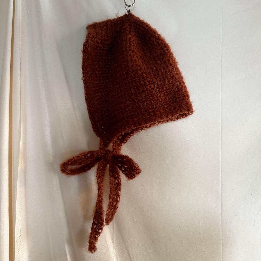 ハンドメイド　mohair ボンネット　ニット帽子　バラクラバ　フード　赤茶色