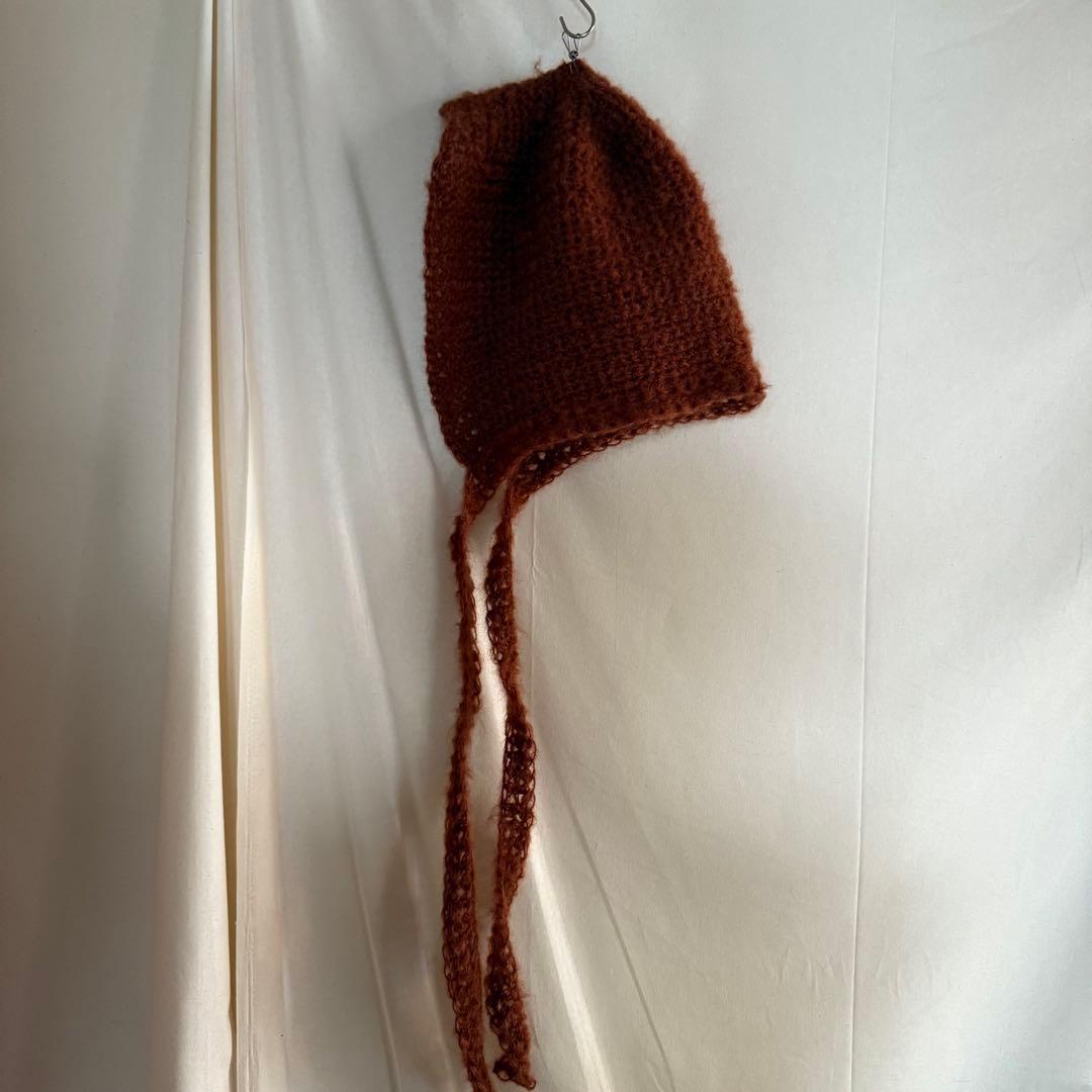 ハンドメイド　mohair ボンネット　ニット帽子　バラクラバ　フード　赤茶色