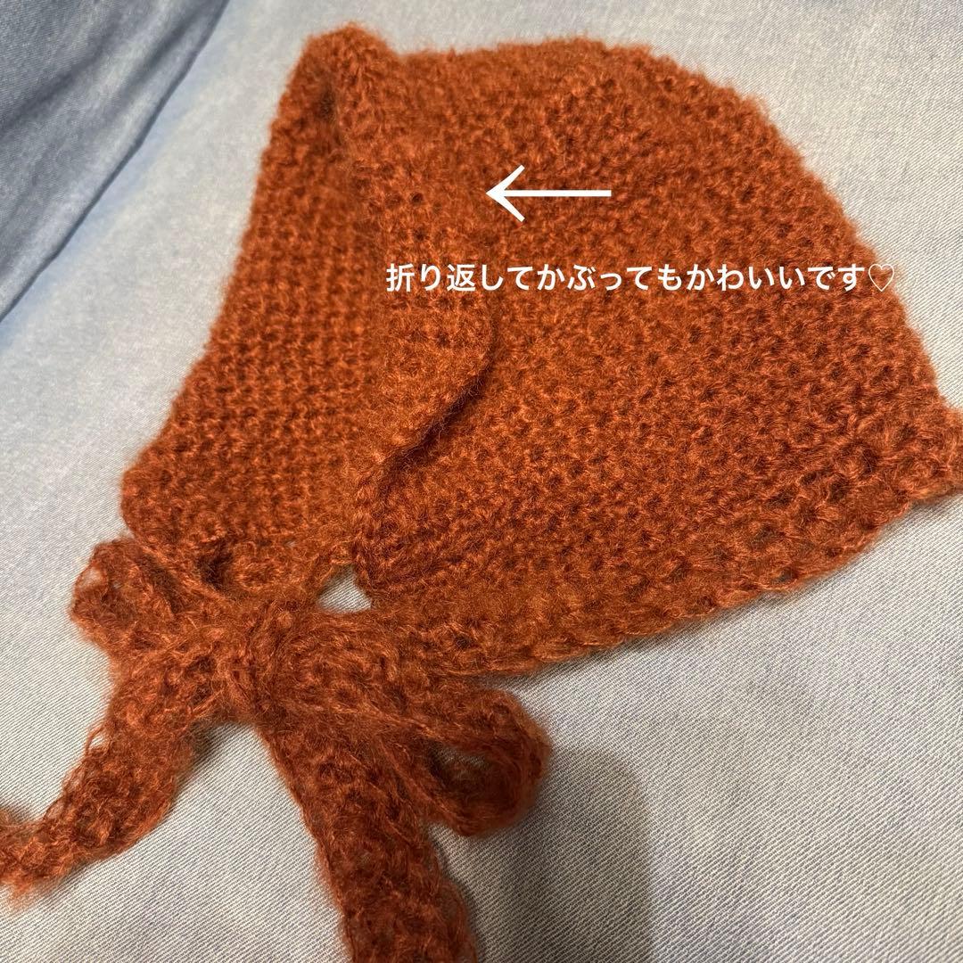ハンドメイド　mohair ボンネット　ニット帽子　バラクラバ　フード　赤茶色