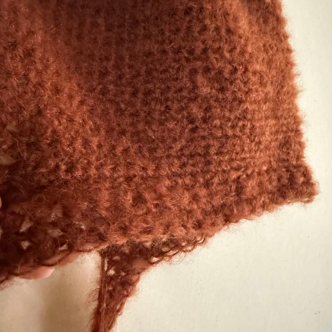 ハンドメイド　mohair ボンネット　ニット帽子　バラクラバ　フード　赤茶色