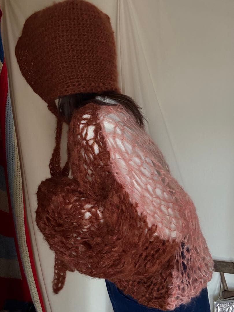 ハンドメイド　mohair ボンネット　ニット帽子　バラクラバ　フード　赤茶色