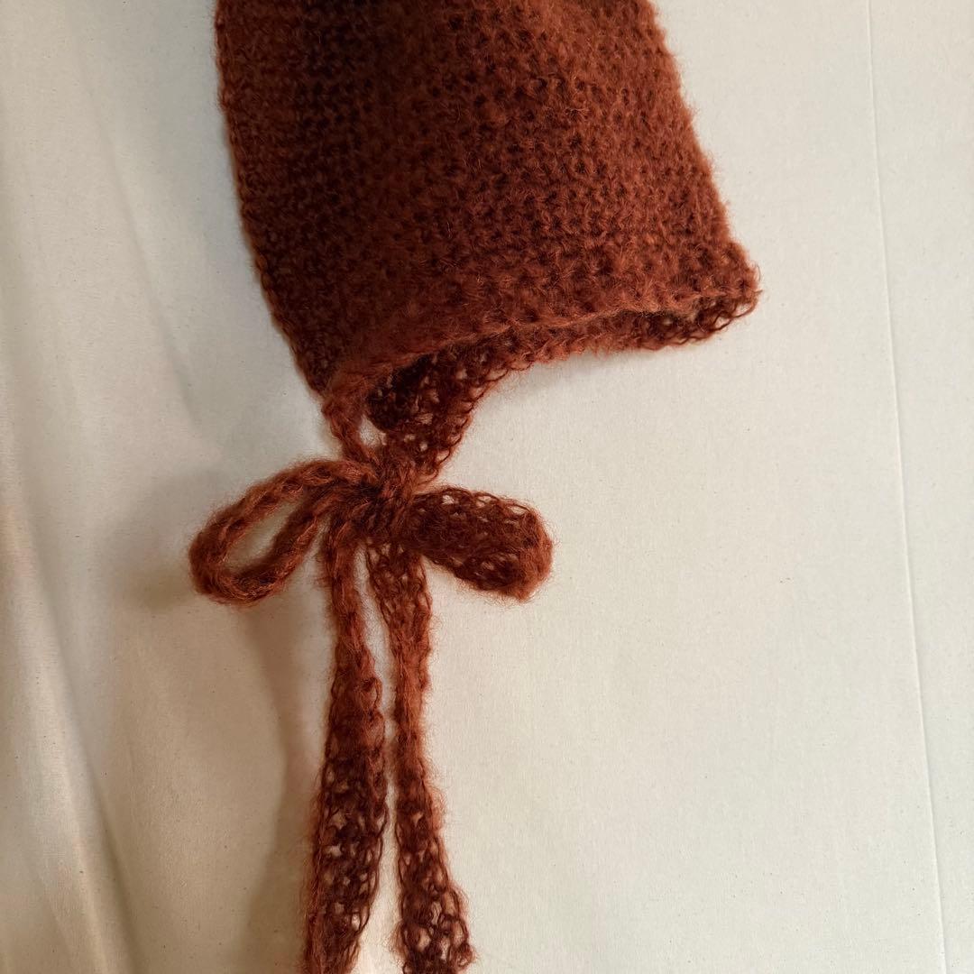 ハンドメイド　mohair ボンネット　ニット帽子　バラクラバ　フード　赤茶色