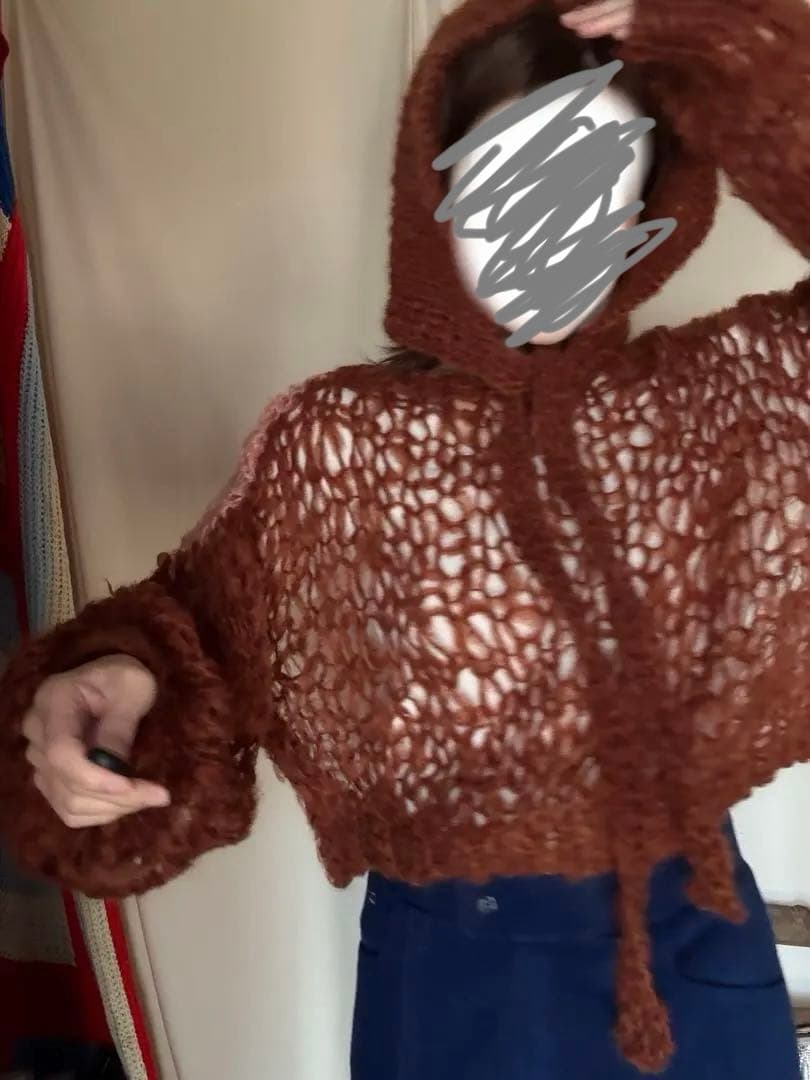 ハンドメイド　mohair ボンネット　ニット帽子　バラクラバ　フード　赤茶色