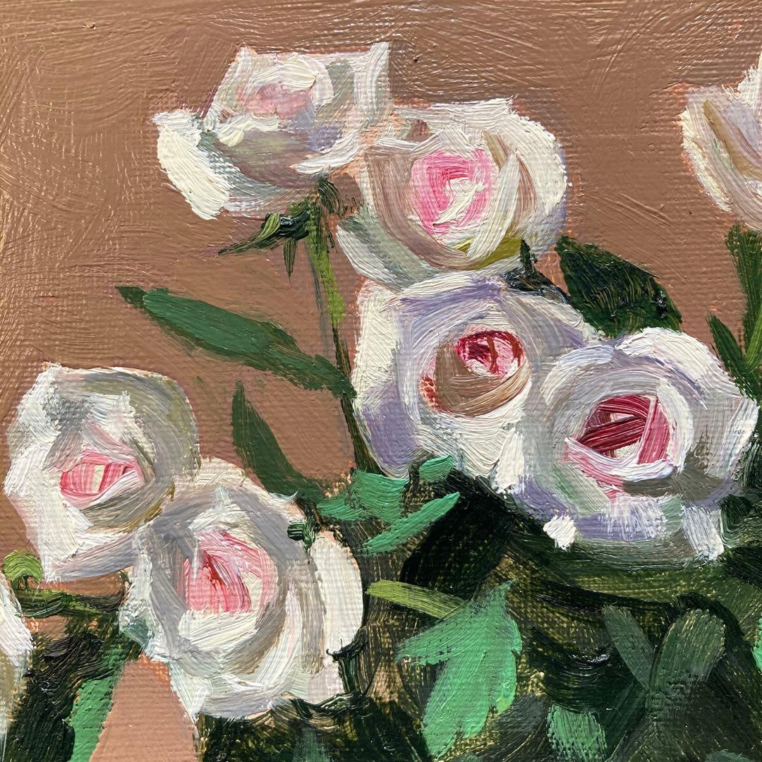 新井秀一郎「白薔薇」1990年油彩画 額50×45 絵画27.5×22cm F3