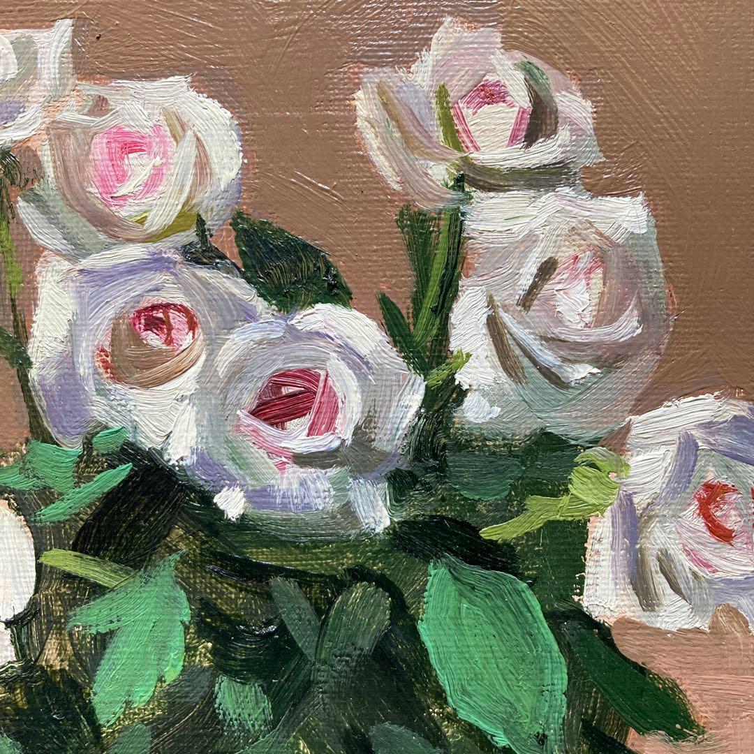 新井秀一郎「白薔薇」1990年油彩画 額50×45 絵画27.5×22cm F3
