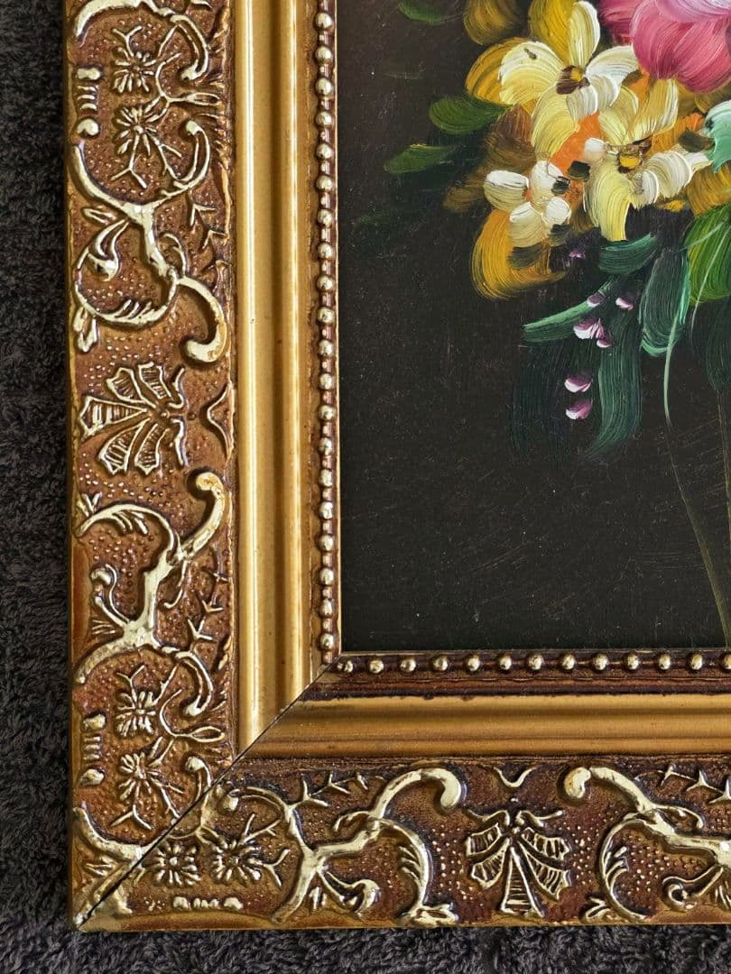 花束 油彩画 金色フレーム付き