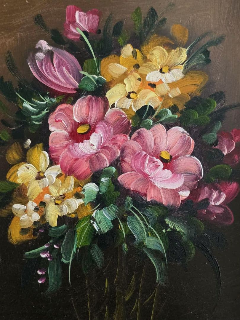 花束 油彩画 金色フレーム付き