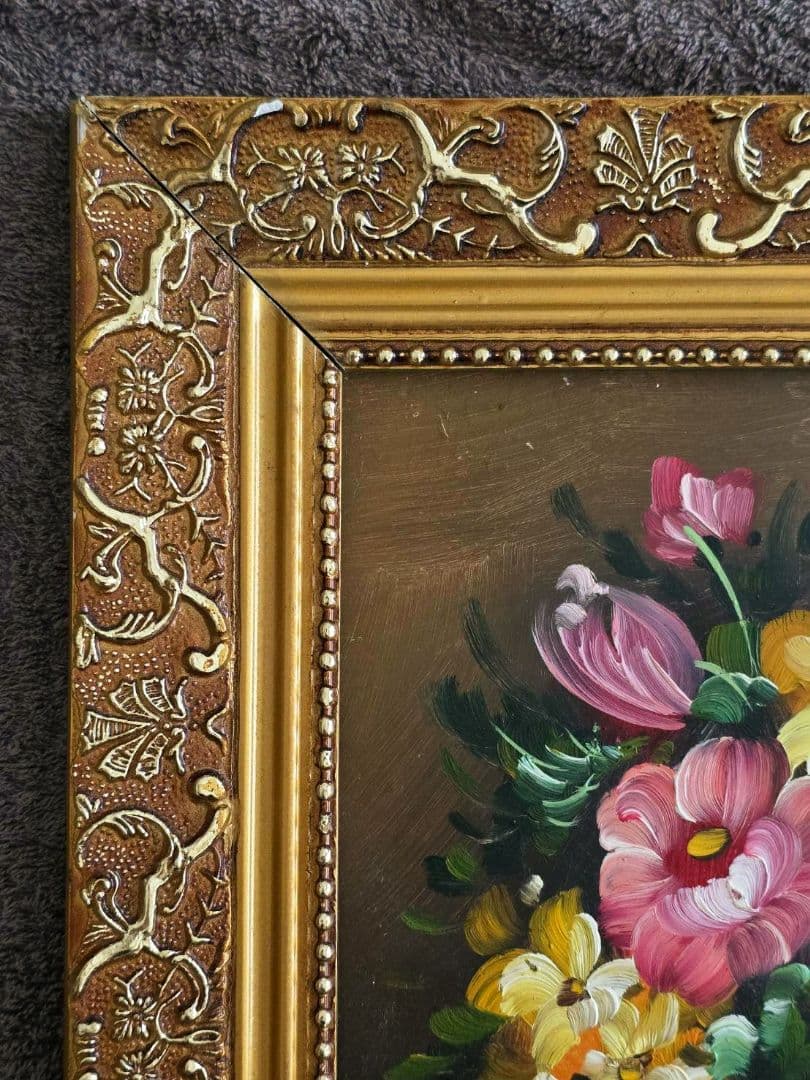 花束 油彩画 金色フレーム付き