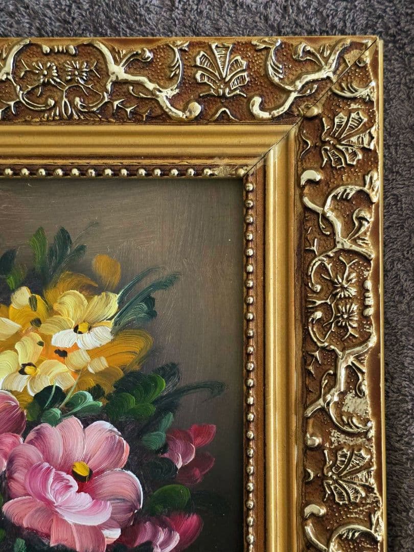 花束 油彩画 金色フレーム付き