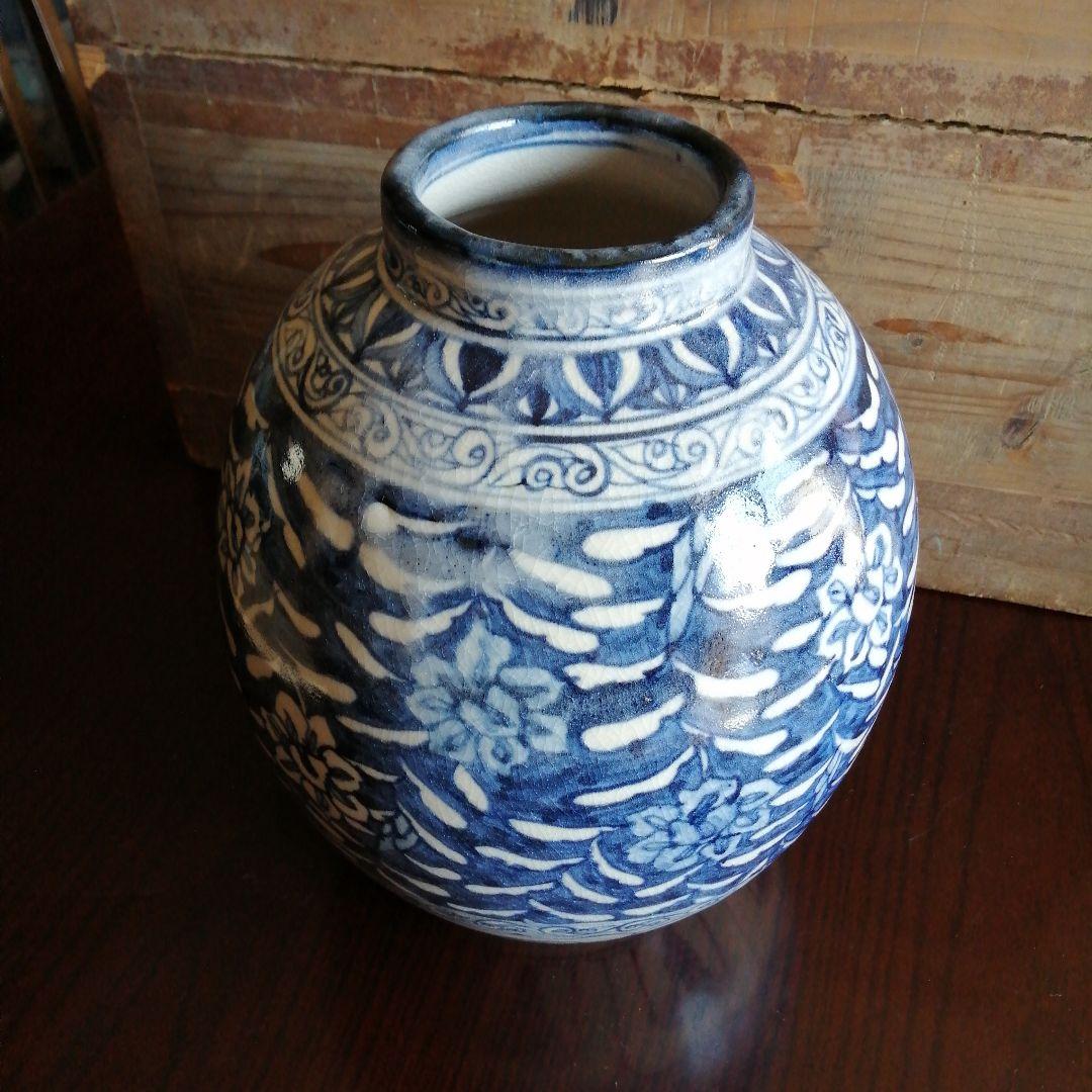 瀬戸焼　加藤偉三　桃山子　安南染付唐竹文花瓶　26.5cm
