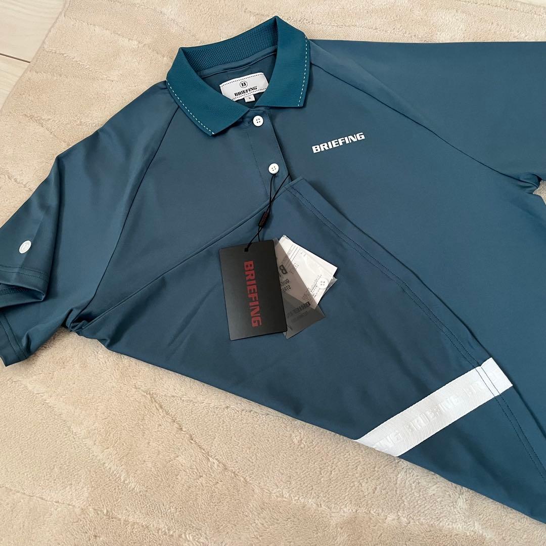 新品★23,100円 レディースS BRIEFING バックロゴラインポロ 青緑