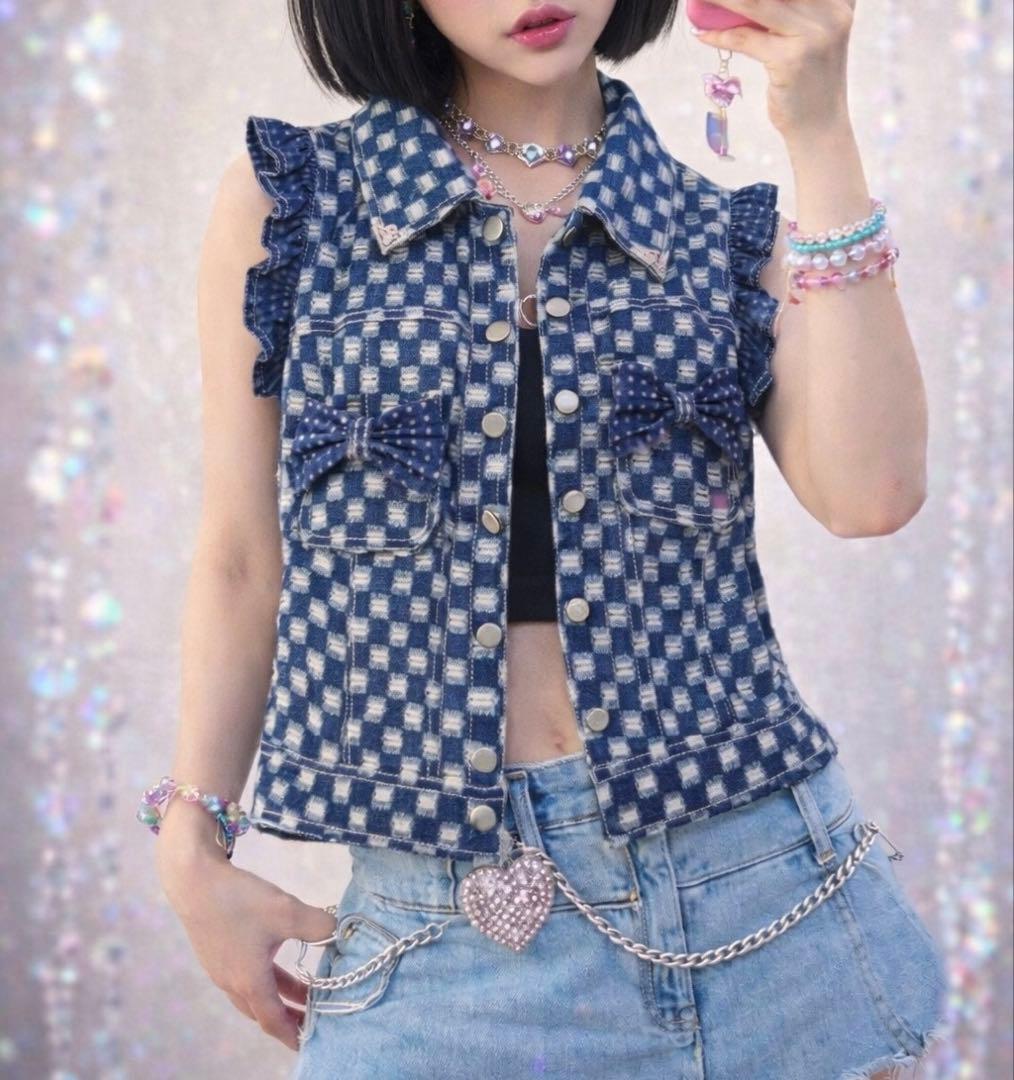 【Y2K】伊太利屋 デニムジレ リボン ビジュー 平成ギャル