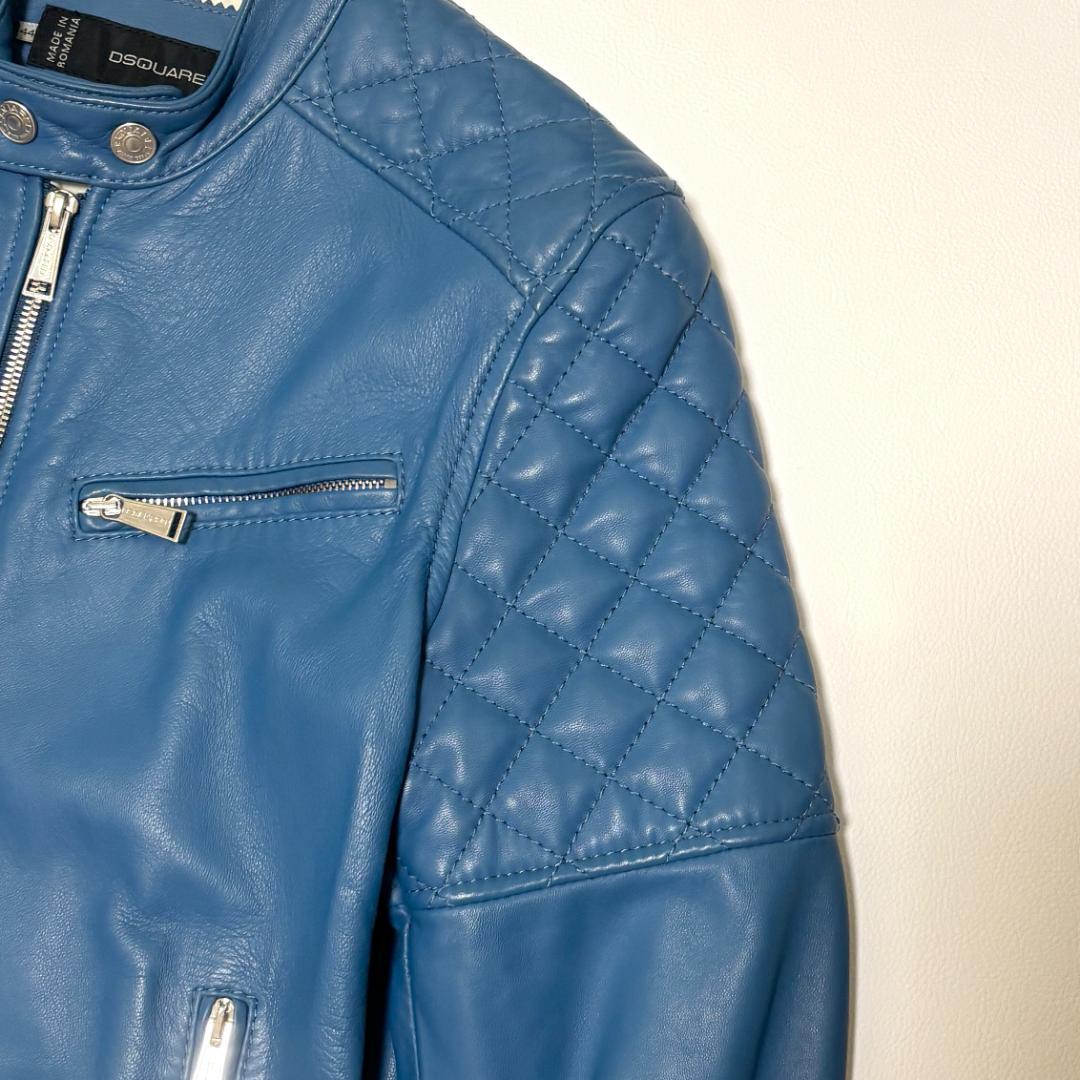 DSQUARED２ シングルライダースジャケット 羊革 キルティング 44 青