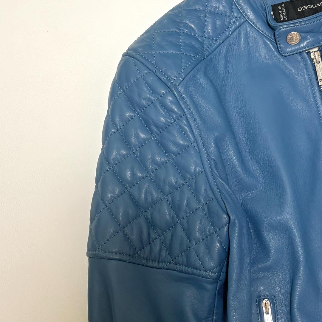 DSQUARED２ シングルライダースジャケット 羊革 キルティング 44 青