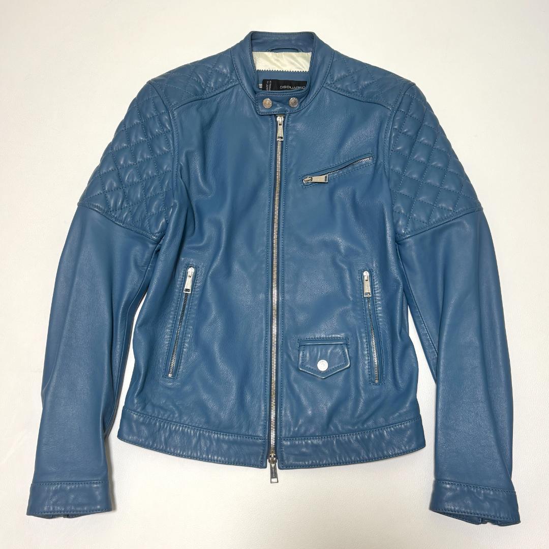 DSQUARED２ シングルライダースジャケット 羊革 キルティング 44 青