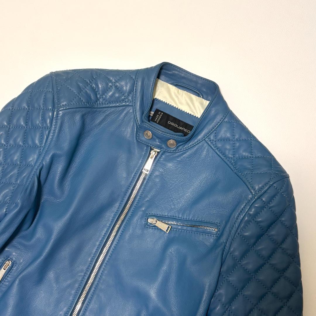 DSQUARED２ シングルライダースジャケット 羊革 キルティング 44 青