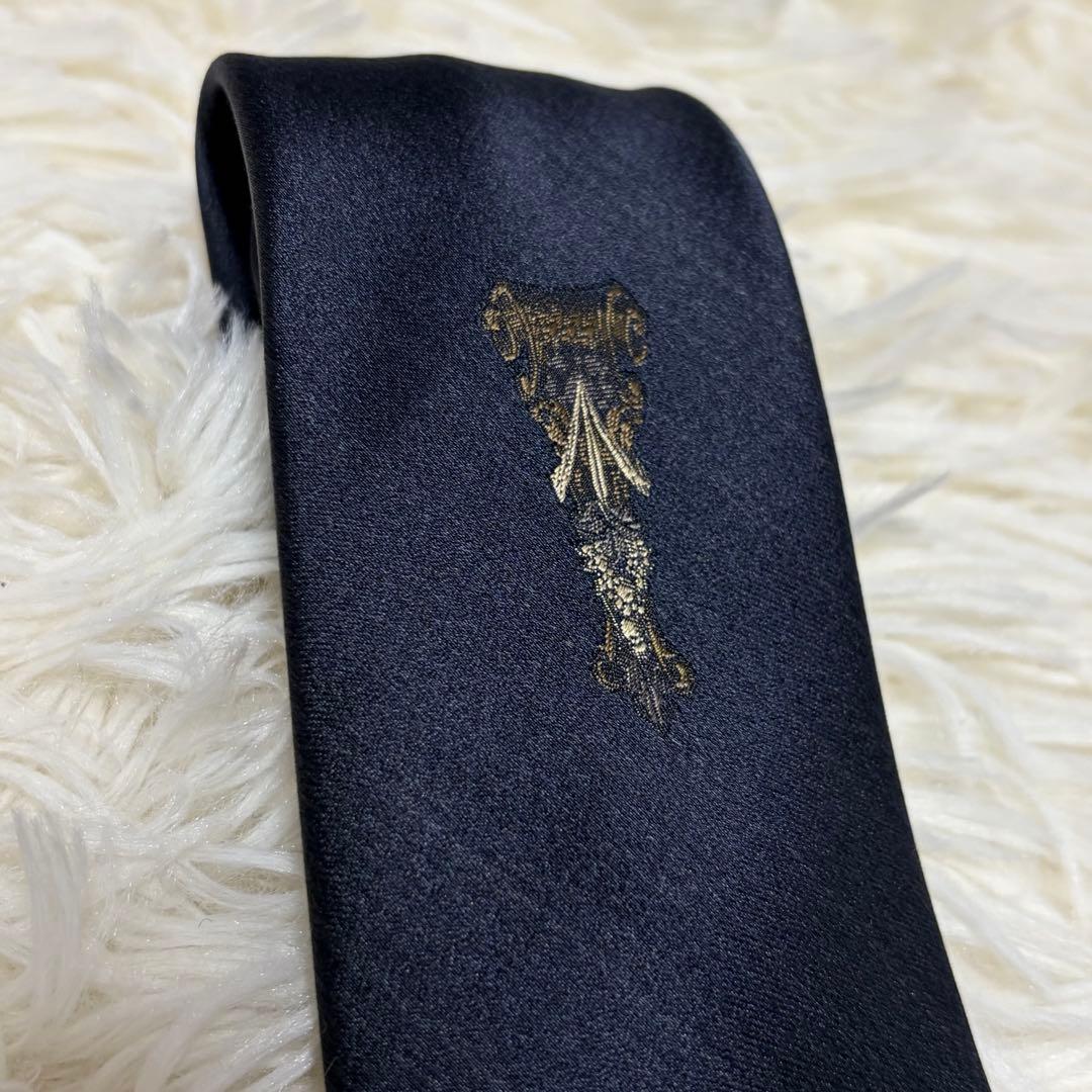 ドミニクフランス　ネクタイ　スリークラウン　ポードゥソワ　ネイビー　刺繍　希少柄