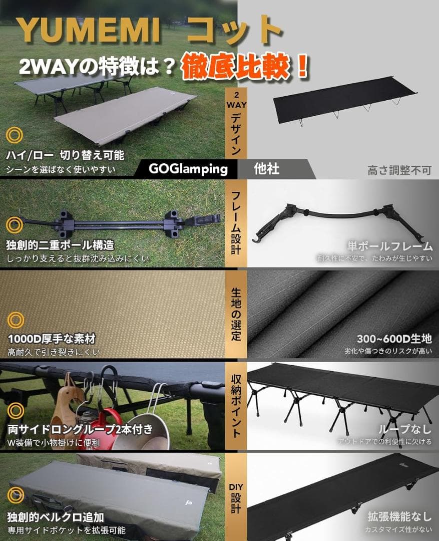 GOGlamping コット2WAY テントコット 折り畳みベッド M