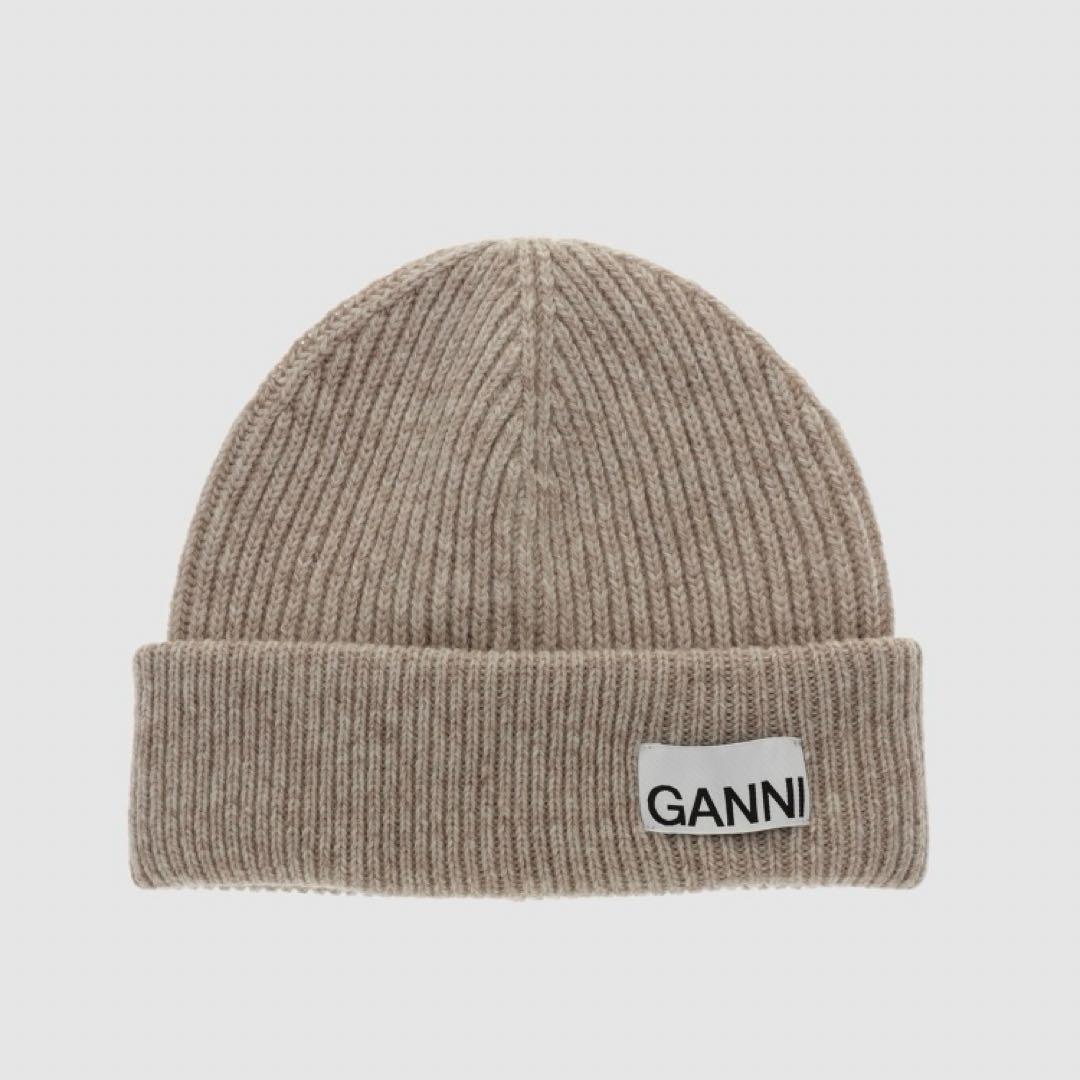 新品 タグ付！GANNI ガニー リブニットビーニー ロゴ入り ウール ニット帽
