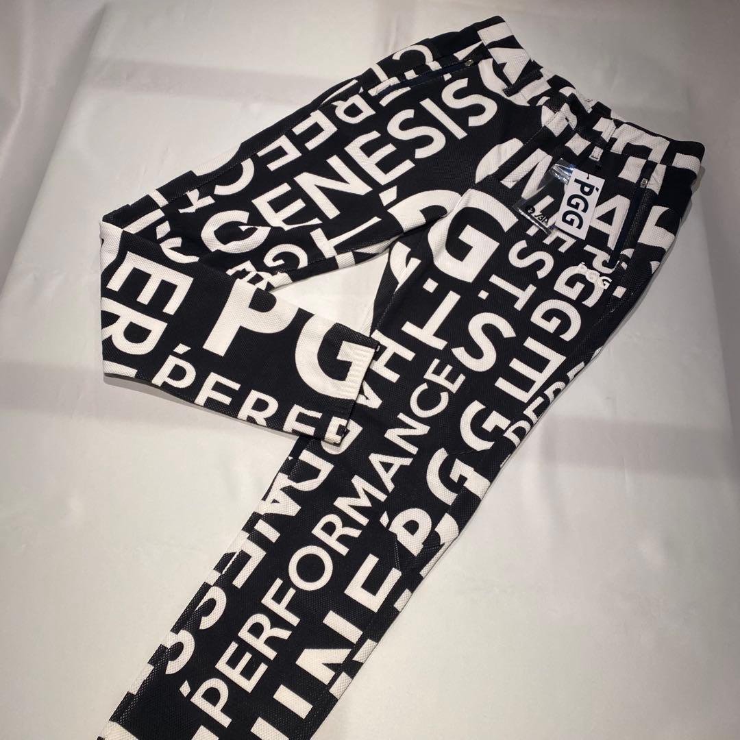 【新品】PGG　パーリーゲイツ　ストレッチメッシュパンツ　総柄ロゴプリント　紺白