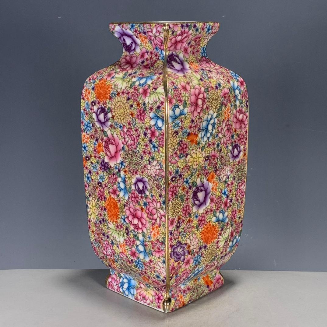 年制琺瑯彩万花彩四方花瓶工芸品 陶磁器 装飾品 花瓶 花器 美品 置物 陶芸