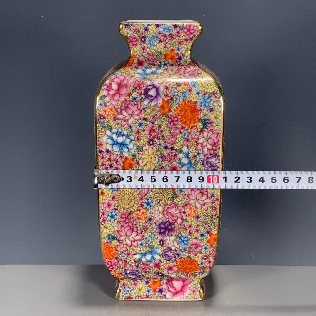 年制琺瑯彩万花彩四方花瓶工芸品 陶磁器 装飾品 花瓶 花器 美品 置物 陶芸