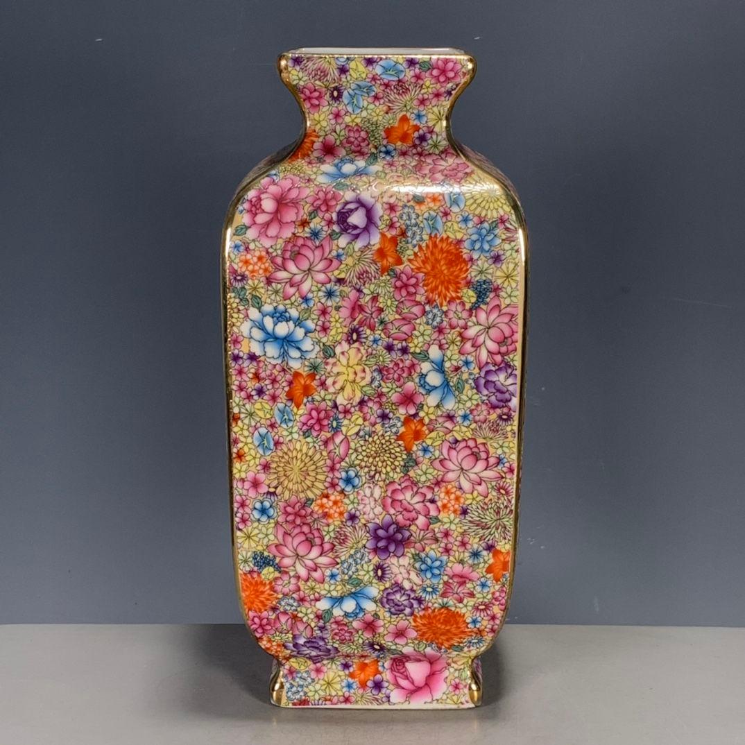 年制琺瑯彩万花彩四方花瓶工芸品 陶磁器 装飾品 花瓶 花器 美品 置物 陶芸