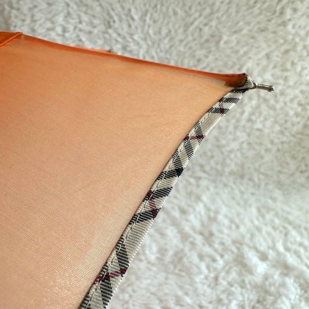 美品✨バーバリー 折りたたみ傘 晴雨兼用 ノバチェック オレンジ 木製 刺繍