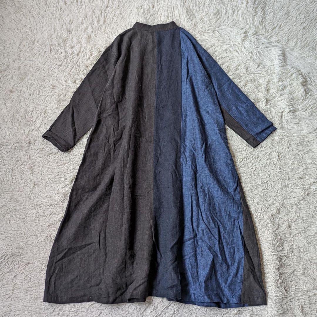 《新品タグ付》08Mab/ゼロハチマブ　リネン配色バンドカラーワンピース　F
